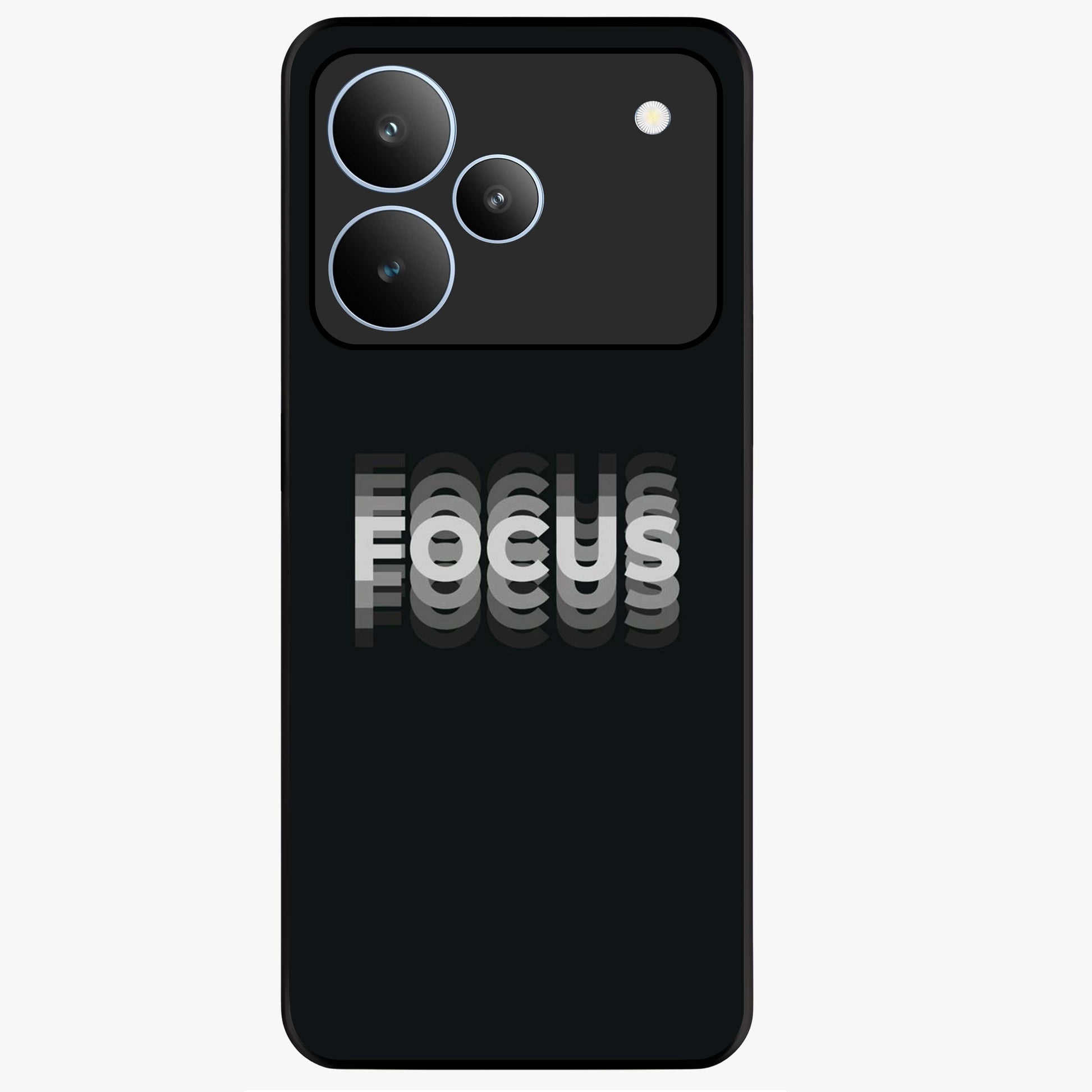 Focus Mode On Glass Case showing flat back view with bold motivational typography design and glossy glass finish.