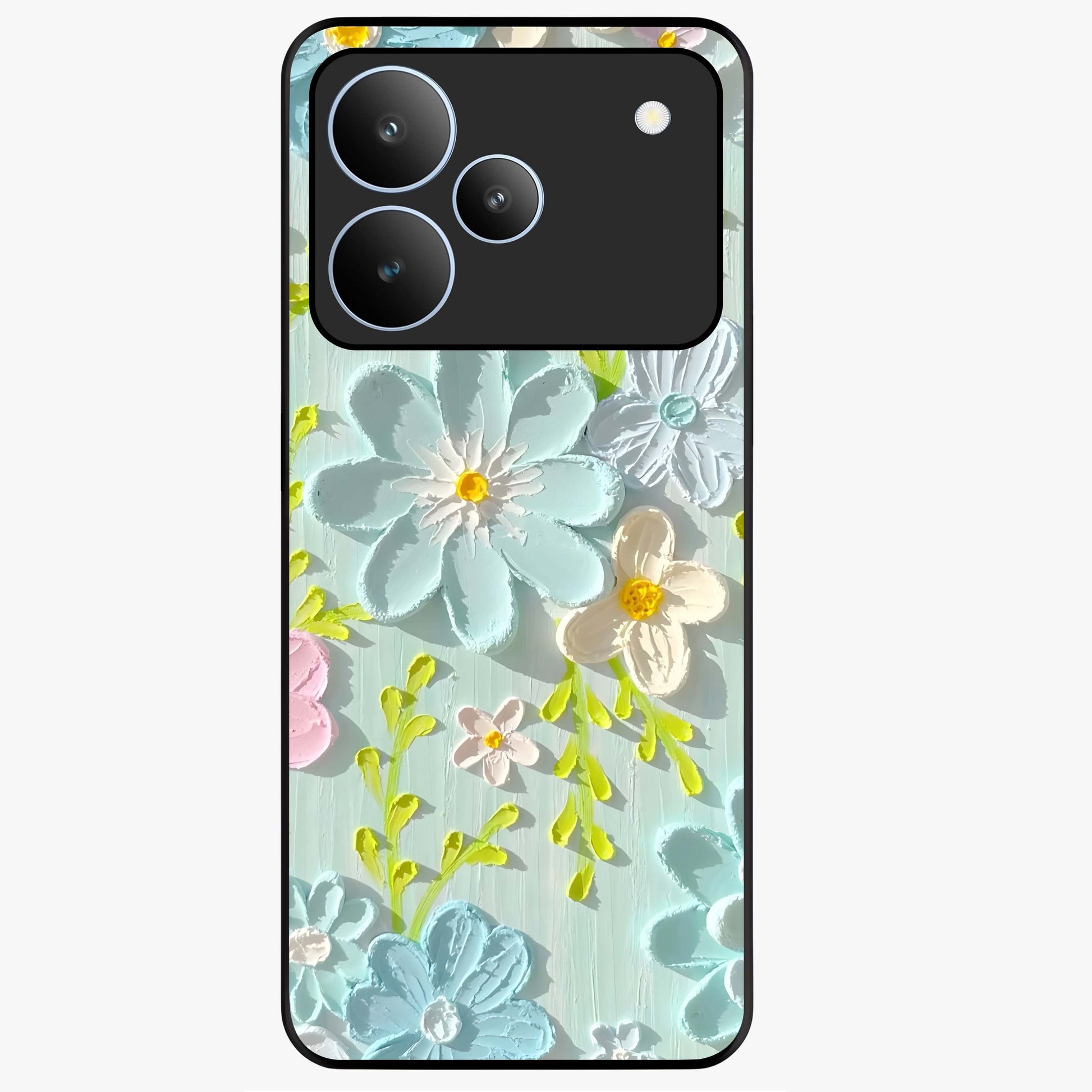 Frosted Petal Garden Glass Case showing flat back view with soft frosted floral artwork and glossy glass finish.