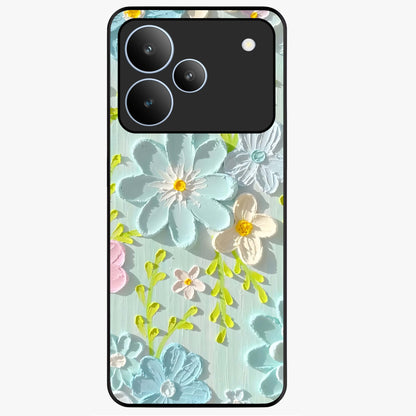 Frosted Petal Garden Glass Case showing flat back view with soft frosted floral artwork and glossy glass finish.