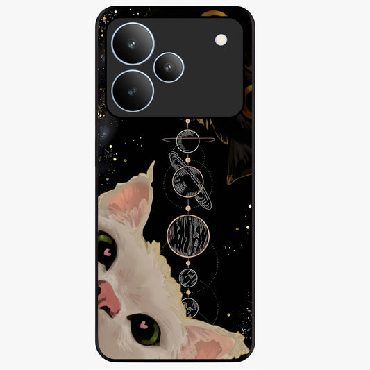 Galactic Cat Glass Case showing flat back view with cosmic cat artwork and glossy glass finish.