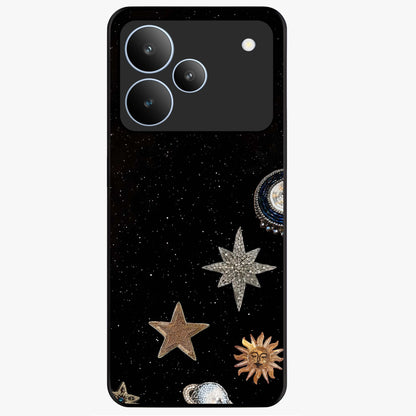 Galactic Charm Glow Glass Case showing flat back view with glowing celestial charm artwork and glossy glass finish.