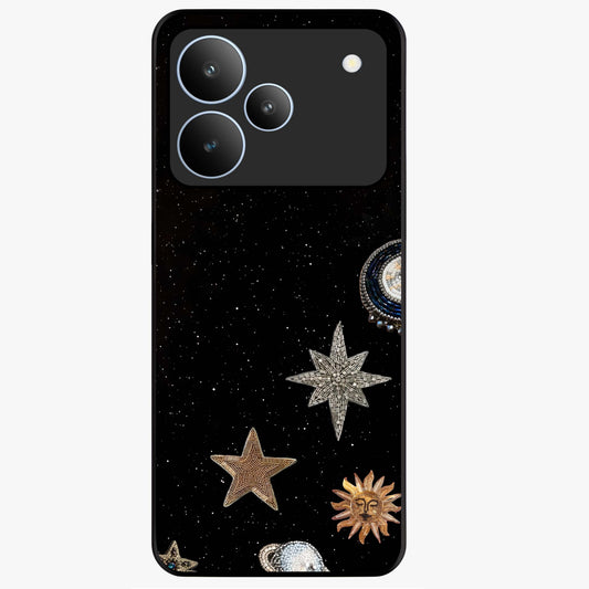 Galactic Charm Glow Glass Case showing flat back view with glowing celestial charm artwork and glossy glass finish.
