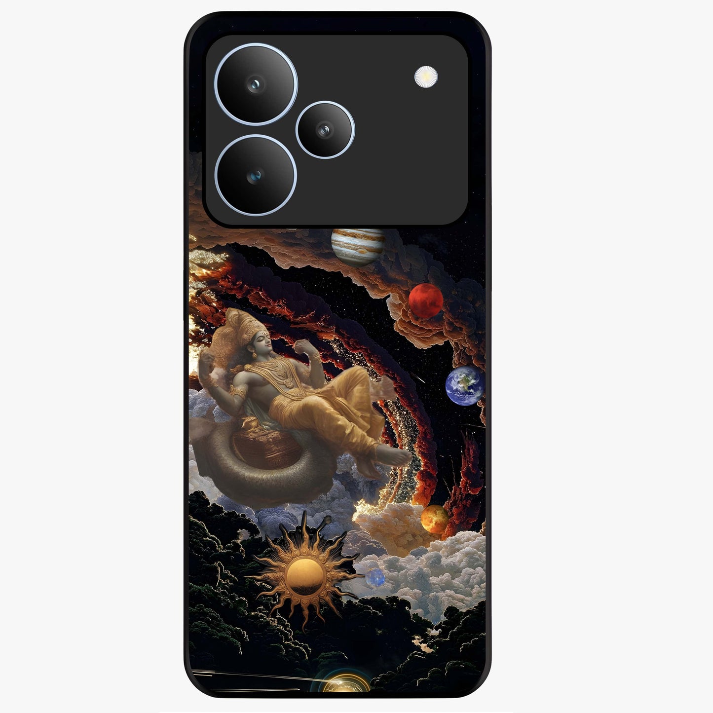 Galactic Divine God Glass Case showing flat back view with divine cosmic themed artwork and glossy glass finish.