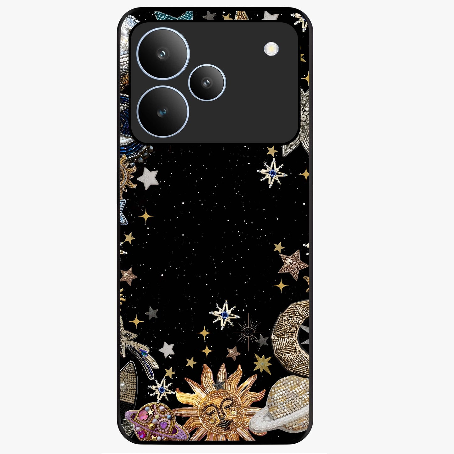 Galactic Jewel Stars Glass Case showing flat back view with sparkling star jewel artwork and glossy glass finish.