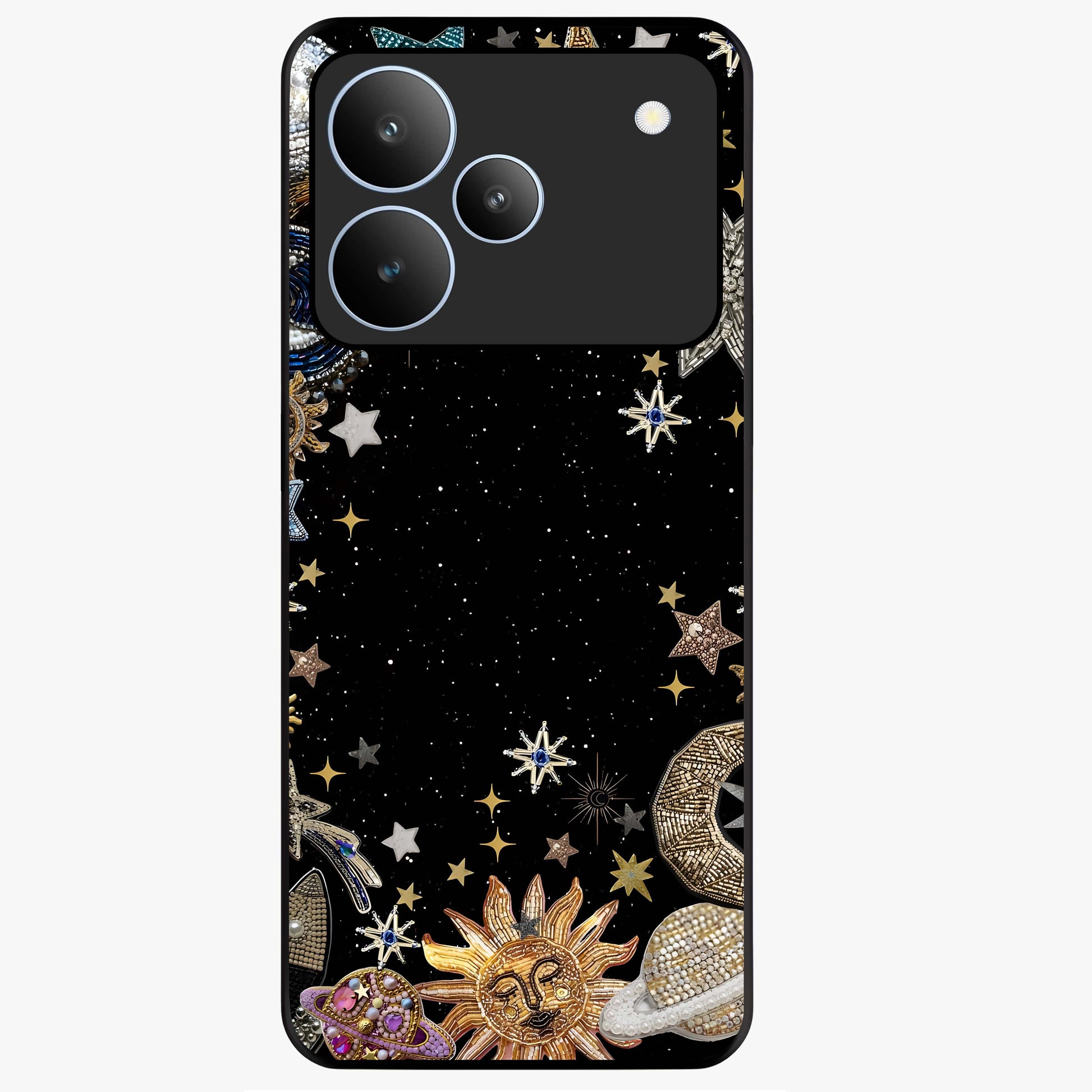 Galactic Jewel Stars Glass Case showing flat back view with sparkling star jewel artwork and glossy glass finish.