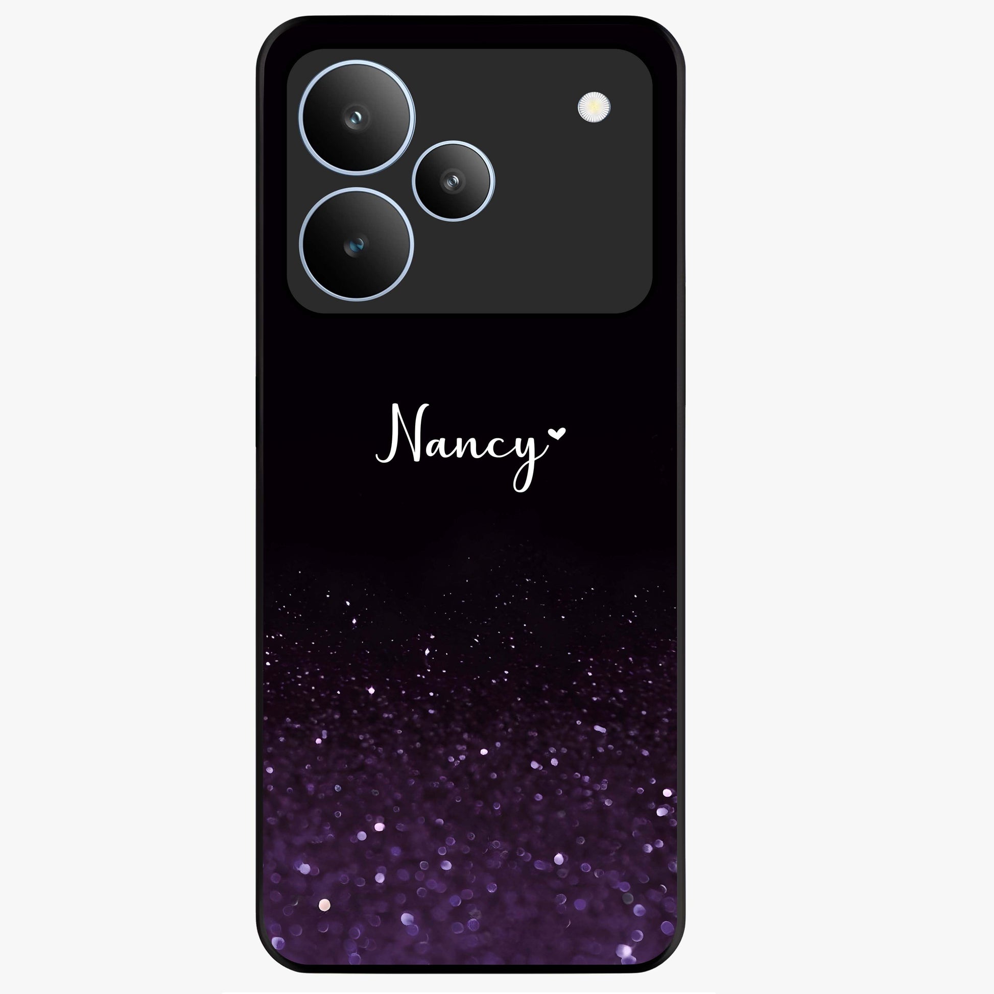 Glittery Purple Bokeh Custom Name Glass Case showing flat back view with purple bokeh sparkle artwork and personalized name design.