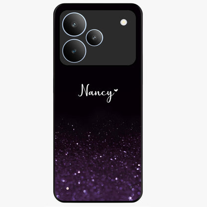 Glittery Purple Bokeh Custom Name Glass Case showing flat back view with purple bokeh sparkle artwork and personalized name design.