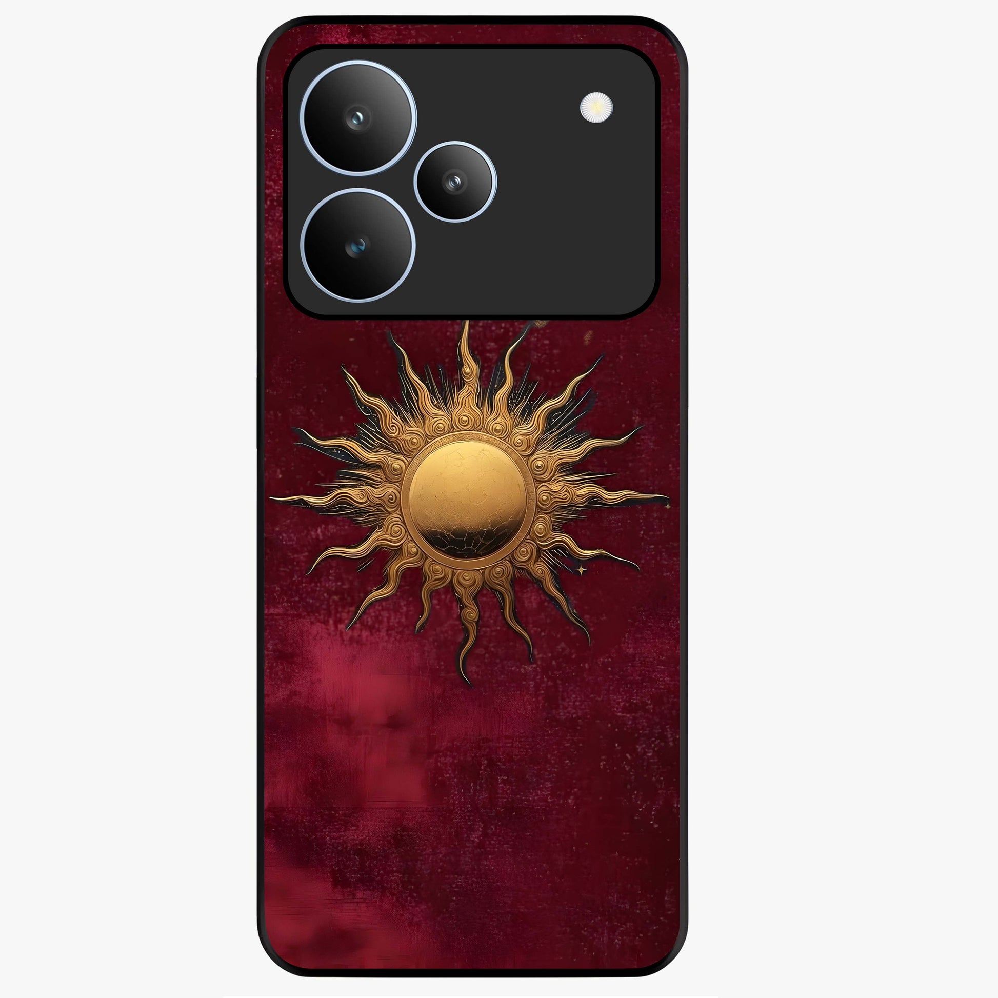 Gold Sun Blush Glass Case showing flat back view with golden sun inspired artwork and glossy glass finish.