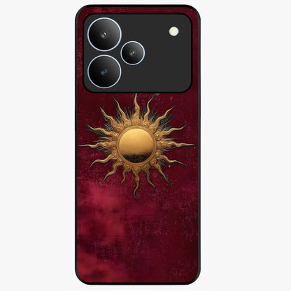 Gold Sun Blush Glass Case showing flat back view with golden sun inspired artwork and glossy glass finish.