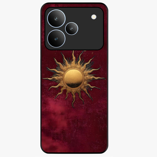 Gold Sun Blush Glass Case showing flat back view with golden sun inspired artwork and glossy glass finish.