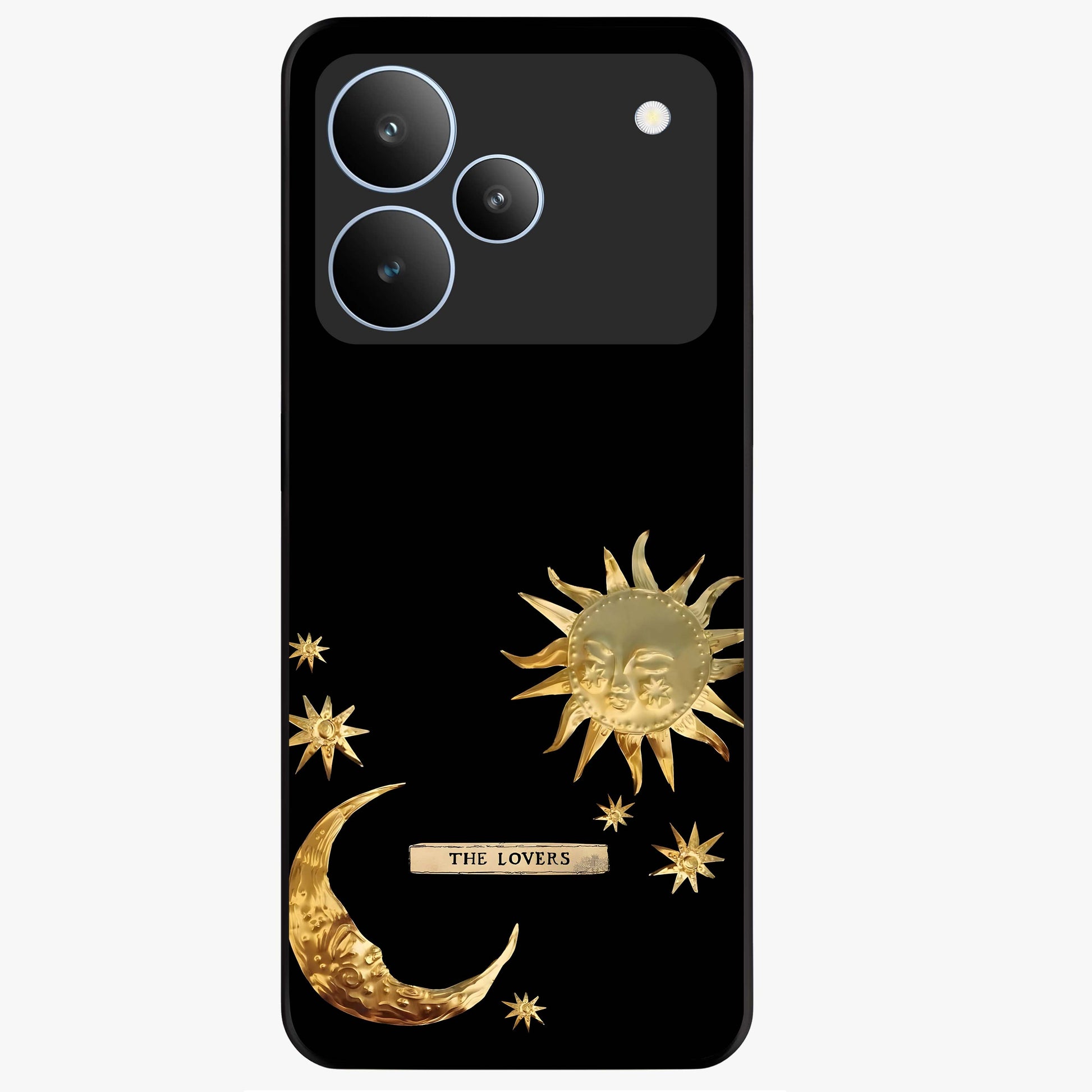 Golden Celestial Charm Glass Case showing flat back view with golden celestial charm artwork and glossy glass finish.