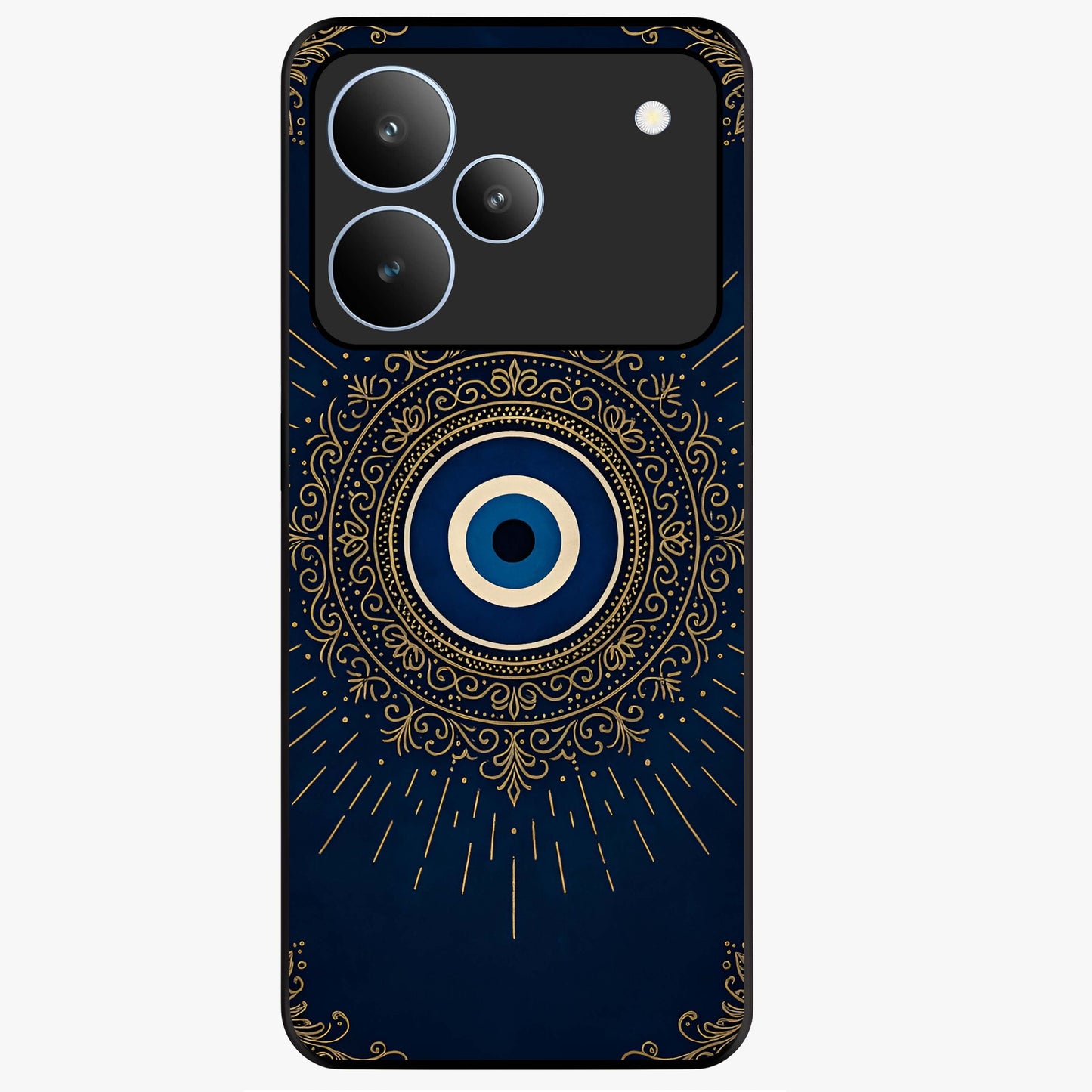 Golden Evil Eye Mandala Glass Case showing flat back view with intricate evil eye mandala artwork and glossy glass finish.