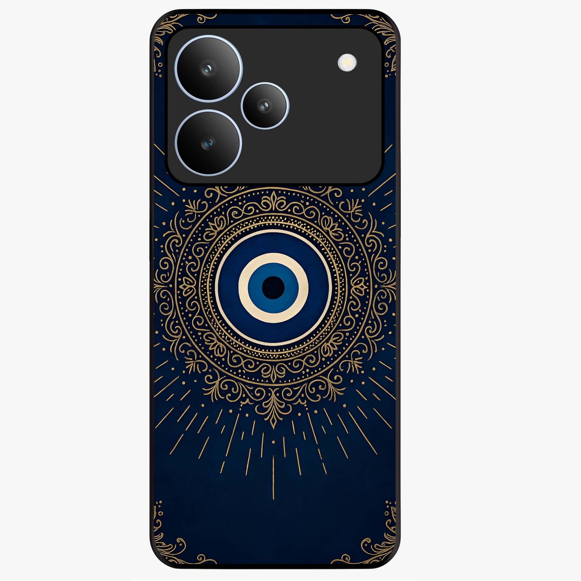 Golden Evil Eye Mandala Glass Case showing flat back view with intricate evil eye mandala artwork and glossy glass finish.