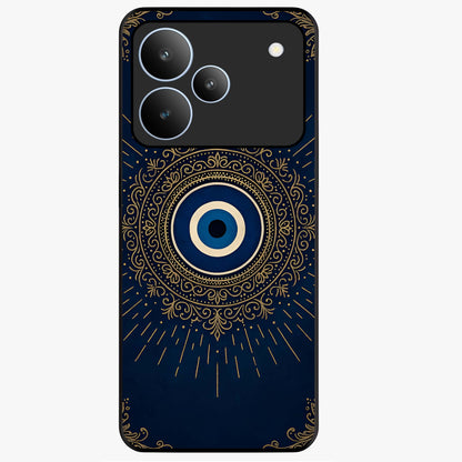 Golden Evil Eye Mandala Glass Case showing flat back view with intricate evil eye mandala artwork and glossy glass finish.