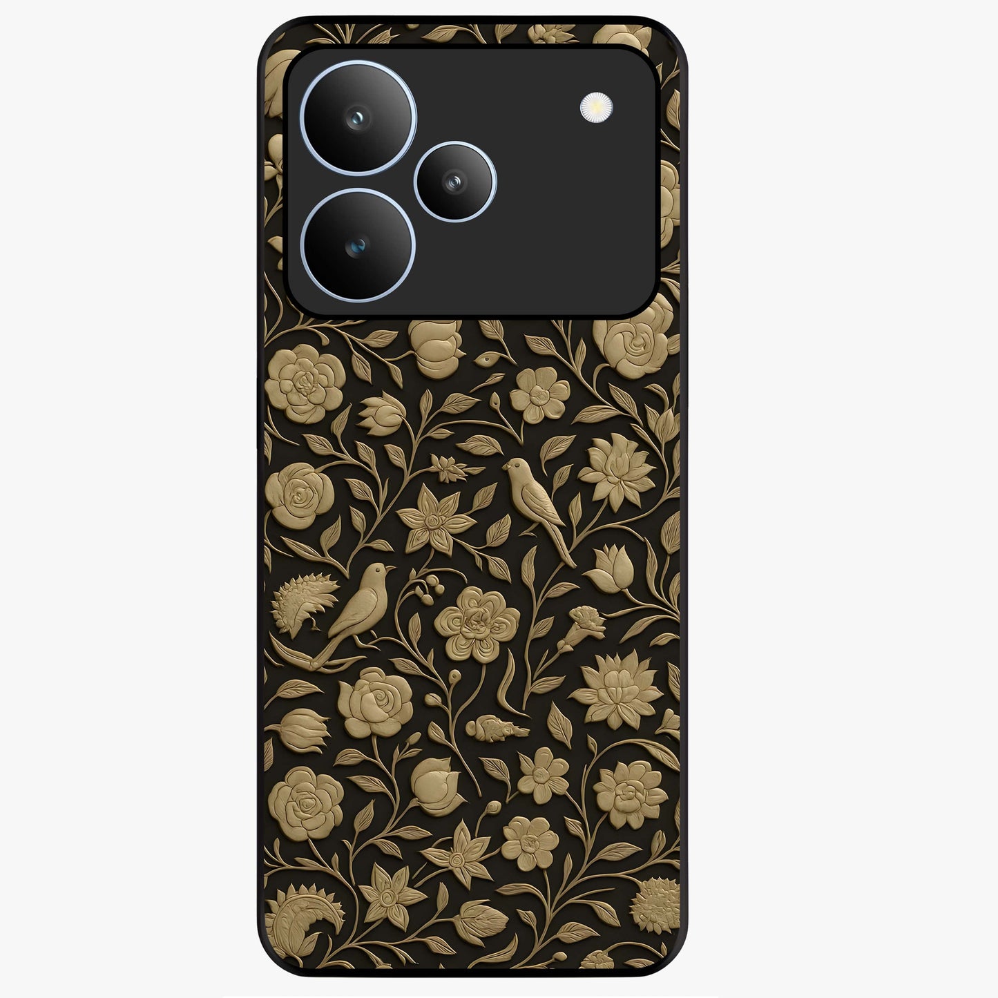 Golden Floral Majesty Glass Case showing flat back view with luxurious golden floral artwork and glossy glass finish.