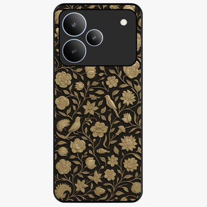 Golden Floral Majesty Glass Case showing flat back view with luxurious golden floral artwork and glossy glass finish.