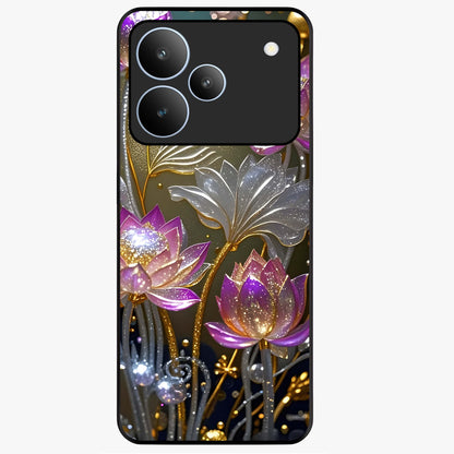 Golden Lotus Glow Glass Case showing flat back view with glowing lotus flower artwork and glossy glass finish.