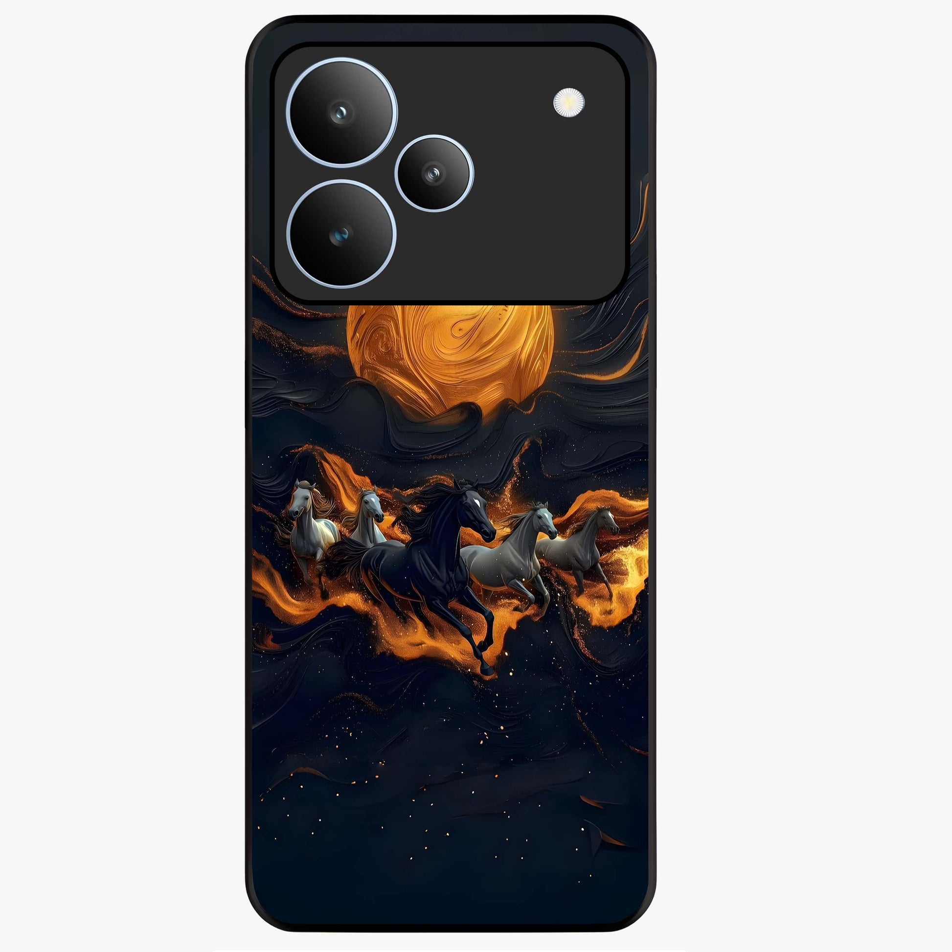Golden Stallion Moonride Glass Case showing flat back view with majestic horse under moonlight artwork and glossy glass finish.