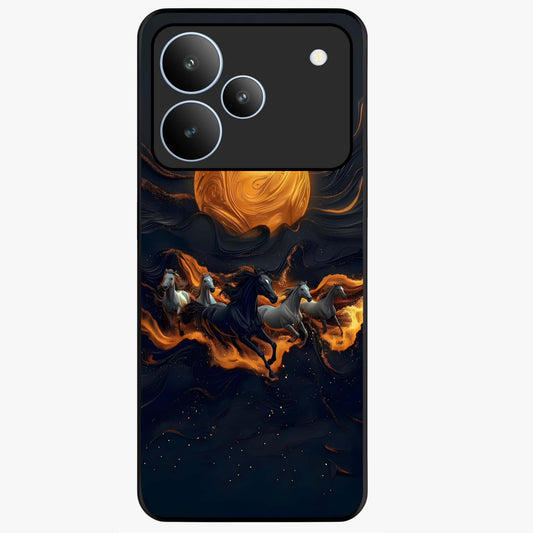 Golden Stallion Moonride Glass Case showing flat back view with majestic horse under moonlight artwork and glossy glass finish.