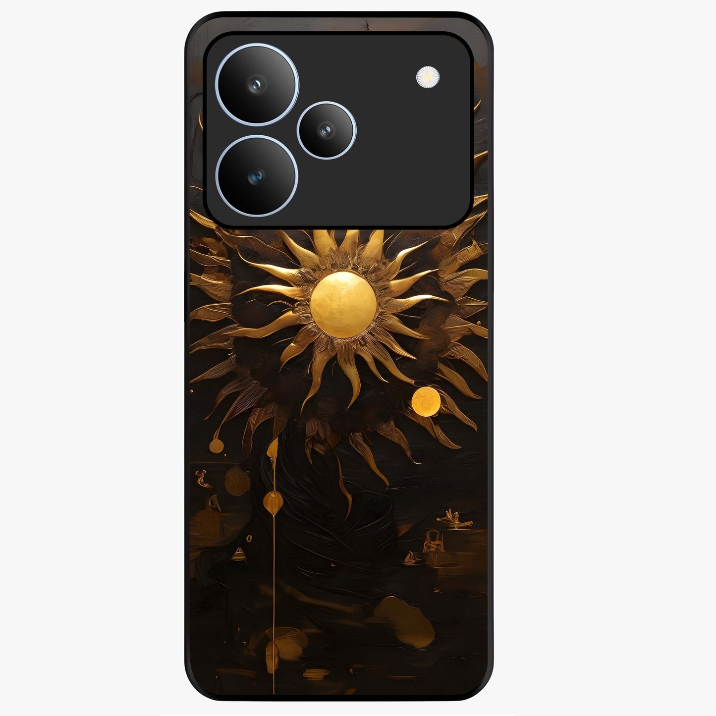 Golden Sun Majesty Glass Case showing flat back view with radiant golden sun artwork and glossy glass finish.