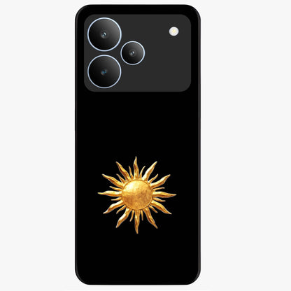 Golden Sun Minimalism Glass Case showing flat back view with minimal golden sun artwork and glossy glass finish.