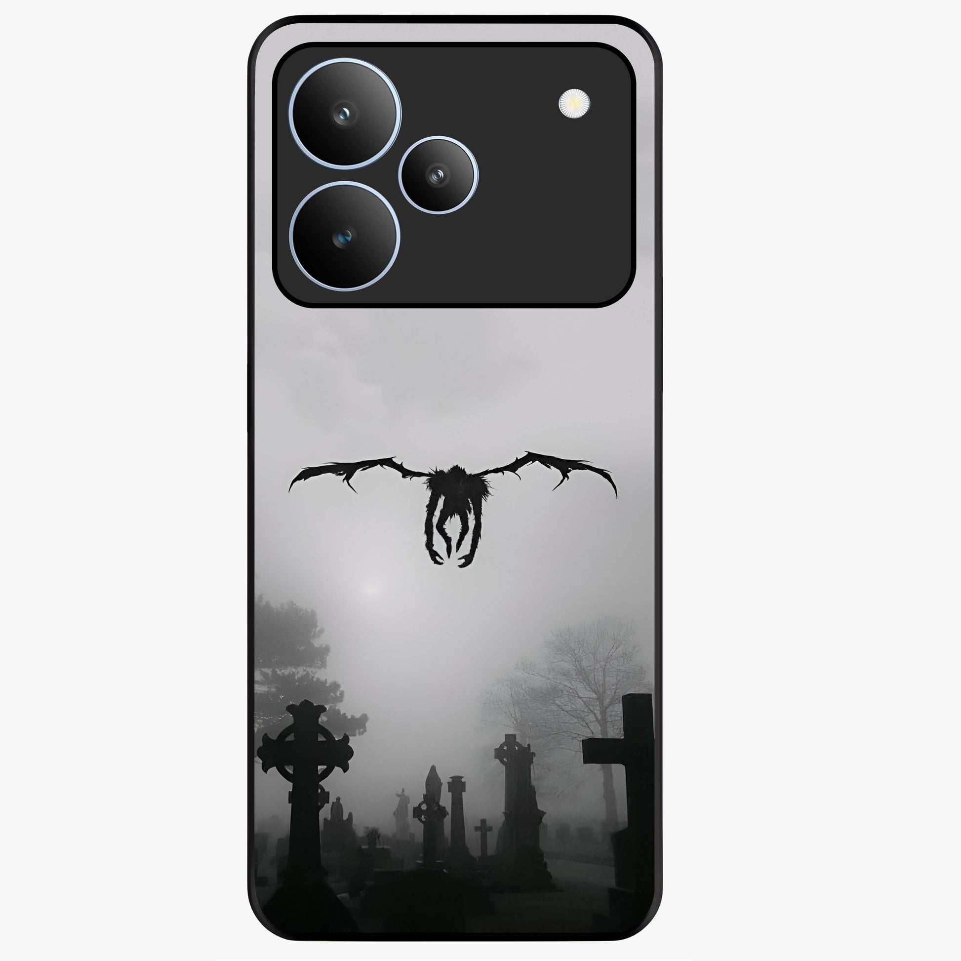 Graveyard Shadow Descent Glass Case showing flat back view with dark graveyard themed artwork and glossy glass finish.