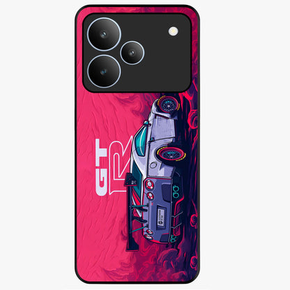 GT-R Car Pattern Glass Case showing flat back view with sporty car inspired pattern artwork and glossy glass finish.