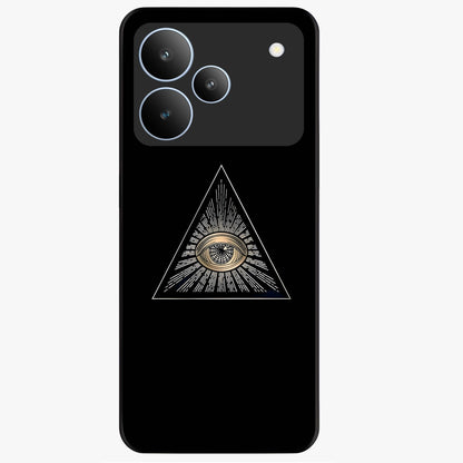 Illuminati Evil Glass Case showing flat back view with mysterious illuminati symbol artwork and glossy glass finish.