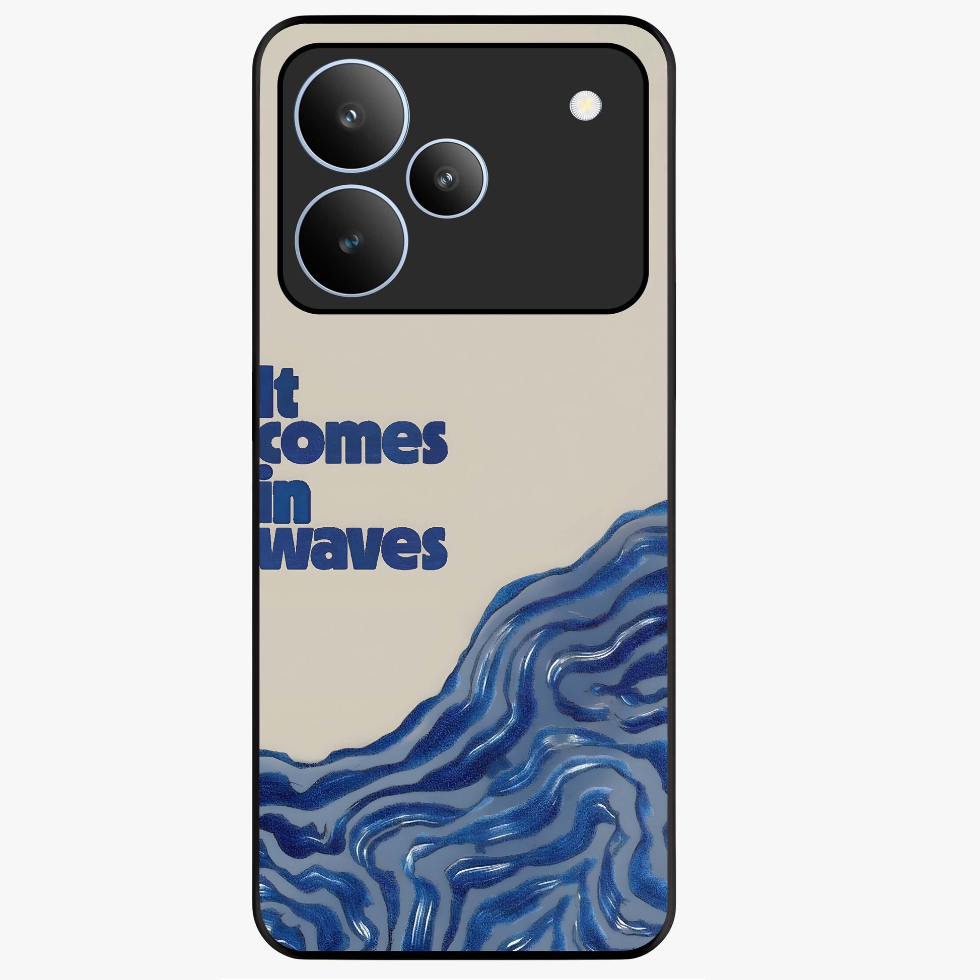 It Comes In Waves Quote Glass Case showing flat back view with inspirational wave themed quote artwork and glossy glass finish.