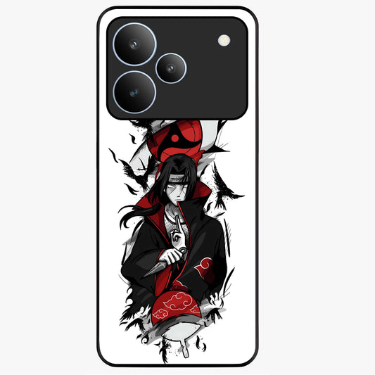 Itachi Sharingan Glass Case showing flat back view with powerful anime eye artwork and glossy glass finish.