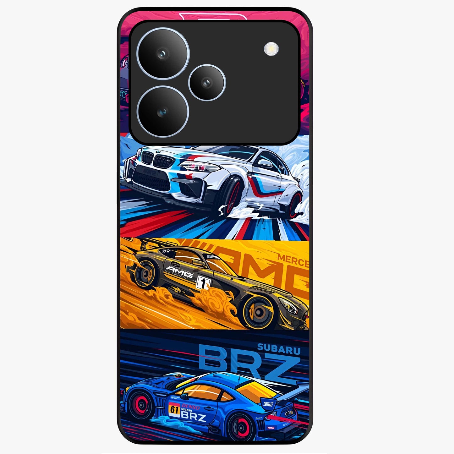 JDM Sports Car Glass Case showing flat back view with high performance sports car artwork and glossy glass finish.