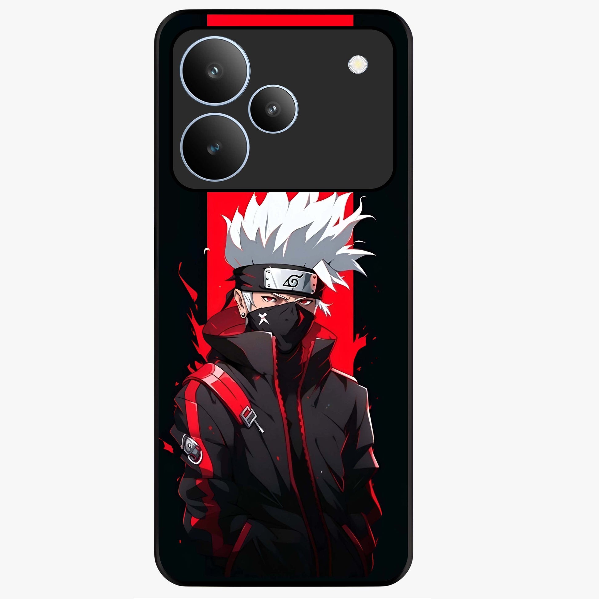 Kakashi Scarlet Shadow Glass Case showing flat back view with powerful anime ninja artwork and glossy glass finish.