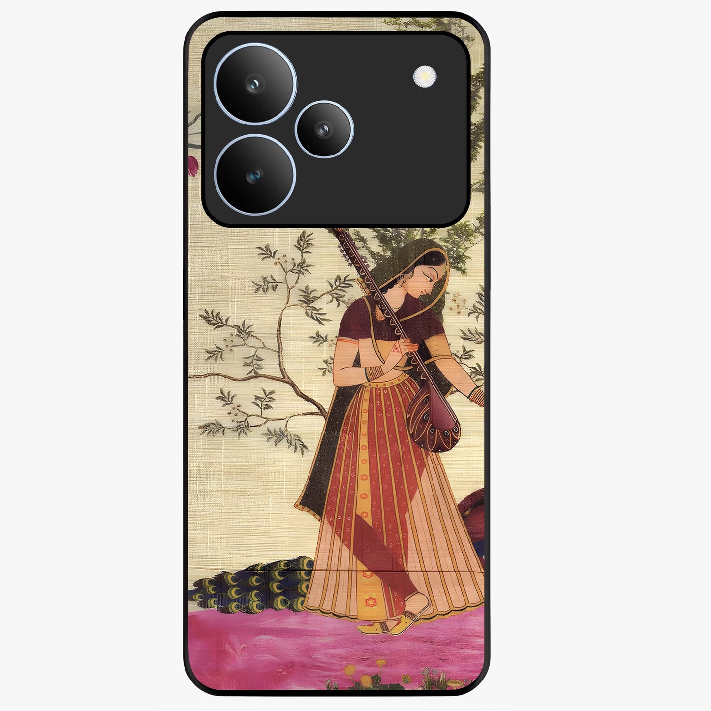 Lady With Veena Art Glass Case showing flat back view with elegant woman playing veena artwork and glossy glass finish.