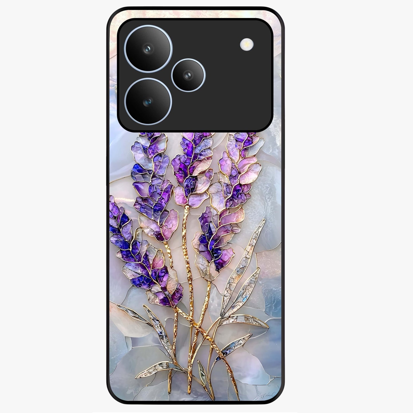 Lavender Dream Glow Glass Case showing flat back view with glowing lavender aesthetic artwork and glossy glass finish.