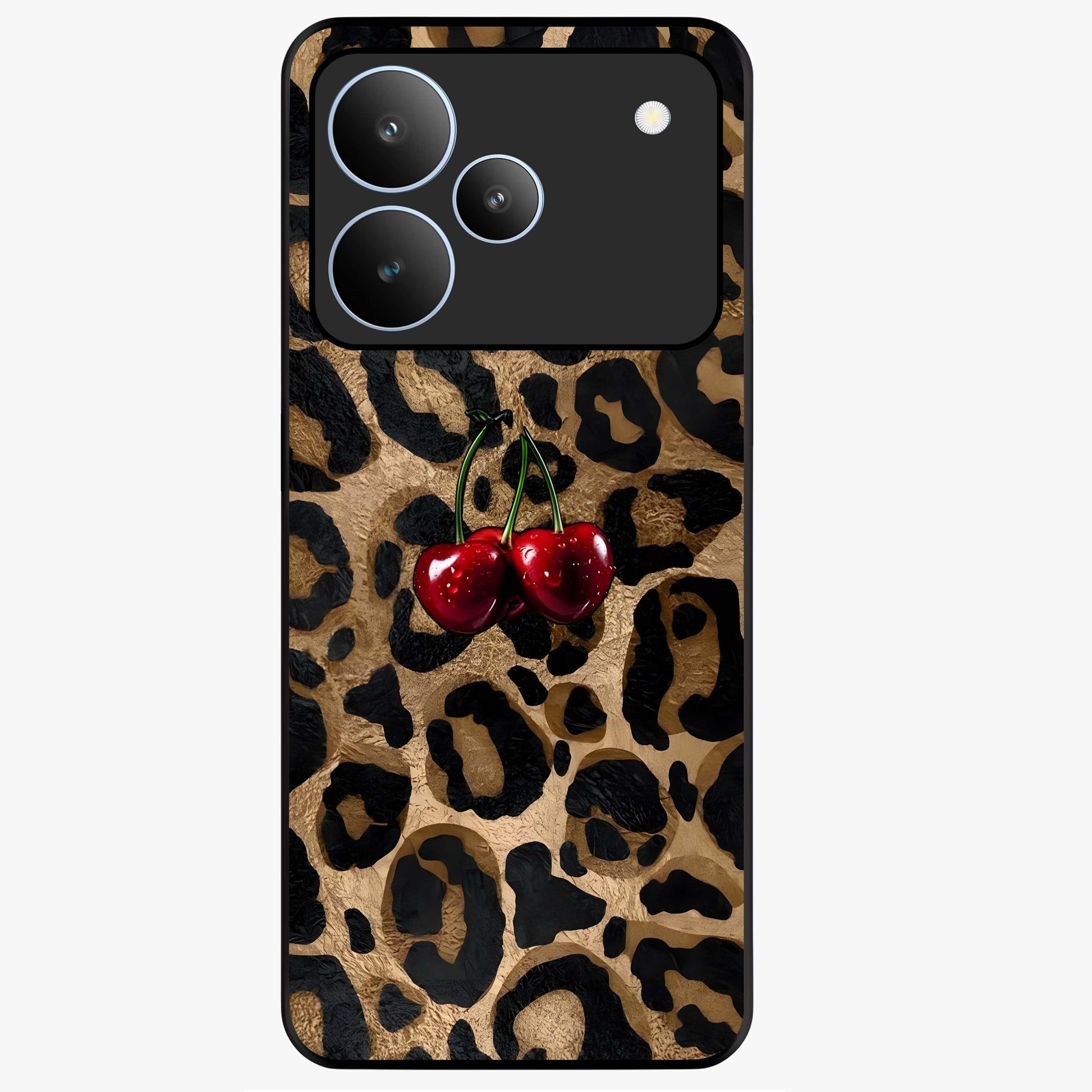 Leopard Wild Cherry Glass Case showing flat back view with leopard pattern and cherry artwork and glossy glass finish.