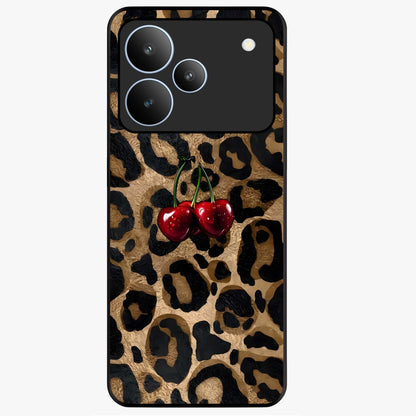 Leopard Wild Cherry Glass Case showing flat back view with leopard pattern and cherry artwork and glossy glass finish.