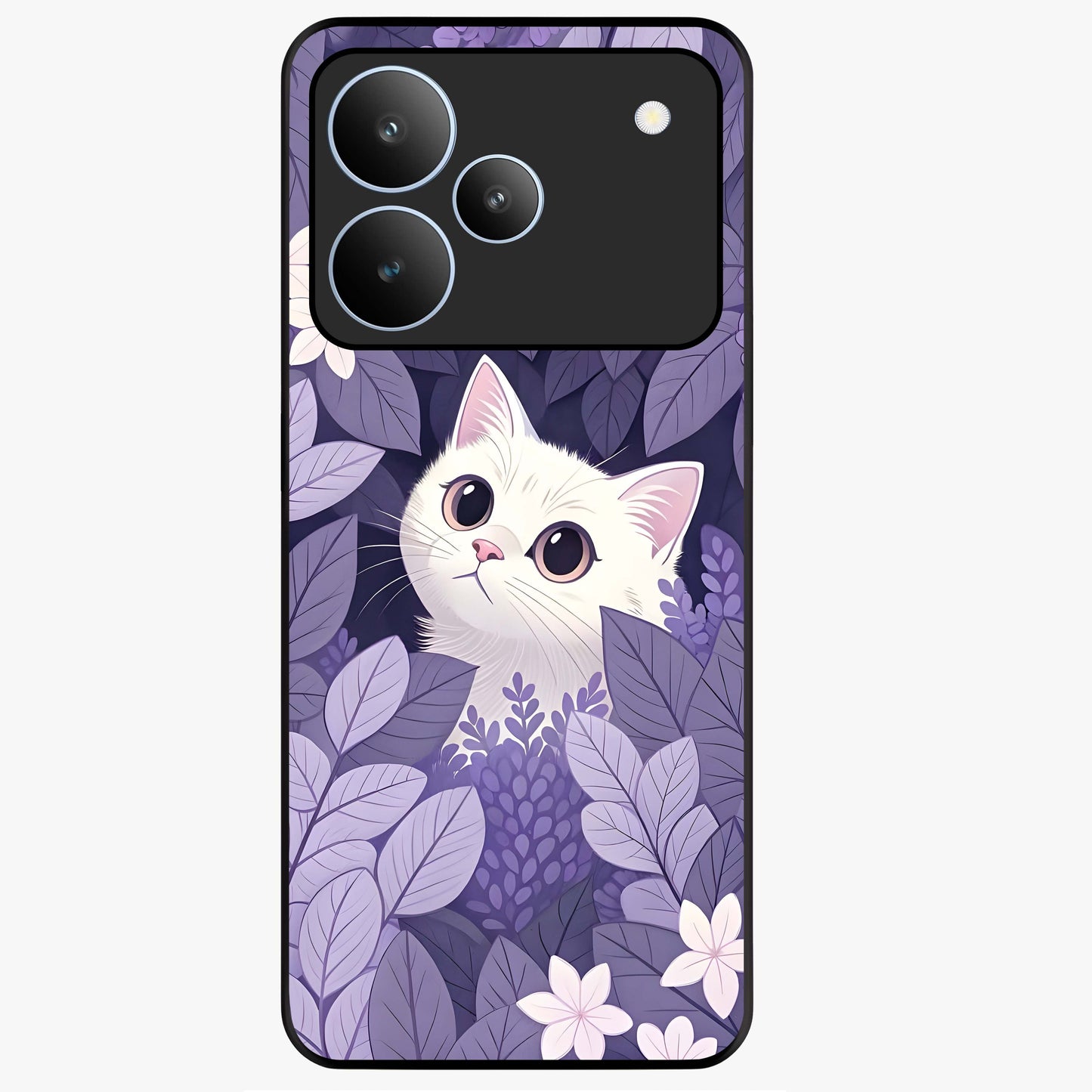 Lilac Hide Peek Cat Glass Case showing flat back view with cute peeking cat artwork and glossy glass finish.