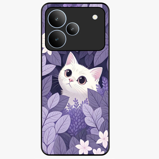 Lilac Hide Peek Cat Glass Case showing flat back view with cute peeking cat artwork and glossy glass finish.