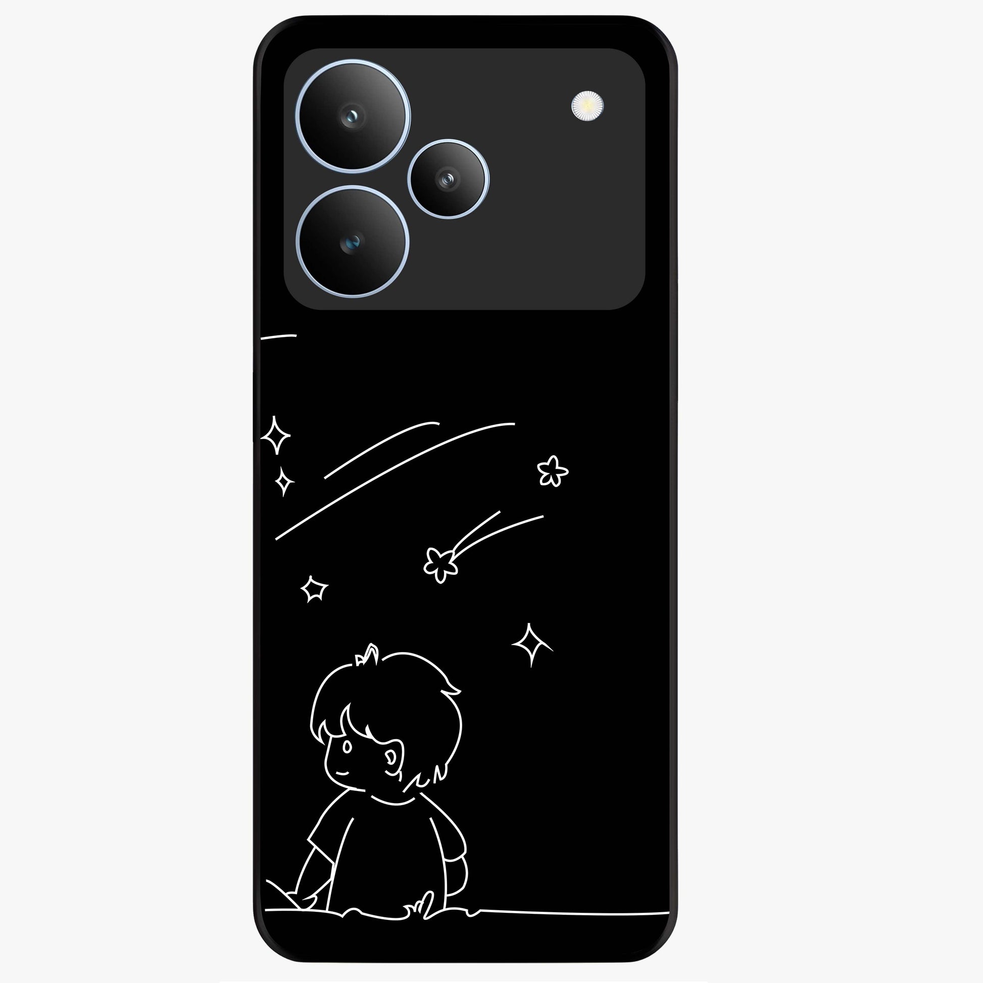 Line Art Boy With Shooting Stars Glass Case showing flat back view with minimal line art boy and shooting stars illustration and glossy glass finish.