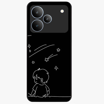 Line Art Boy With Shooting Stars Glass Case showing flat back view with minimal line art boy and shooting stars illustration and glossy glass finish.