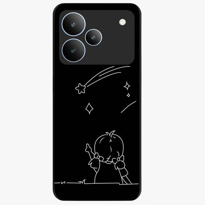 Line Art Girl With Shooting Stars Glass Case showing flat back view with minimal line art girl and shooting stars illustration and glossy glass finish.