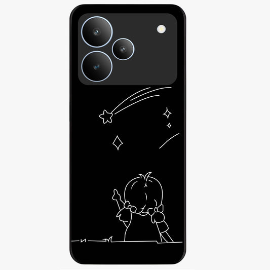 Line Art Girl With Shooting Stars Glass Case showing flat back view with minimal line art girl and shooting stars illustration and glossy glass finish.