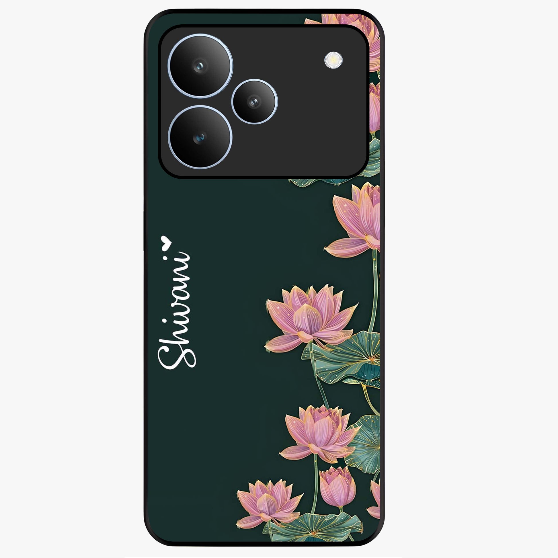 Lotus Bloom Serenity Custom Name Glass Case showing flat back view with elegant lotus flower artwork and personalized name design.