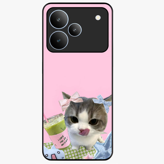 Love Matcha Cat Glass Case showing flat back view with cute cat and matcha themed artwork and glossy glass finish.