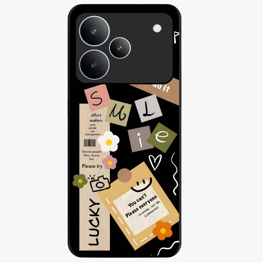 Lucky Aesthetic Collage Glass Case showing flat back view with trendy aesthetic collage artwork and glossy glass finish.