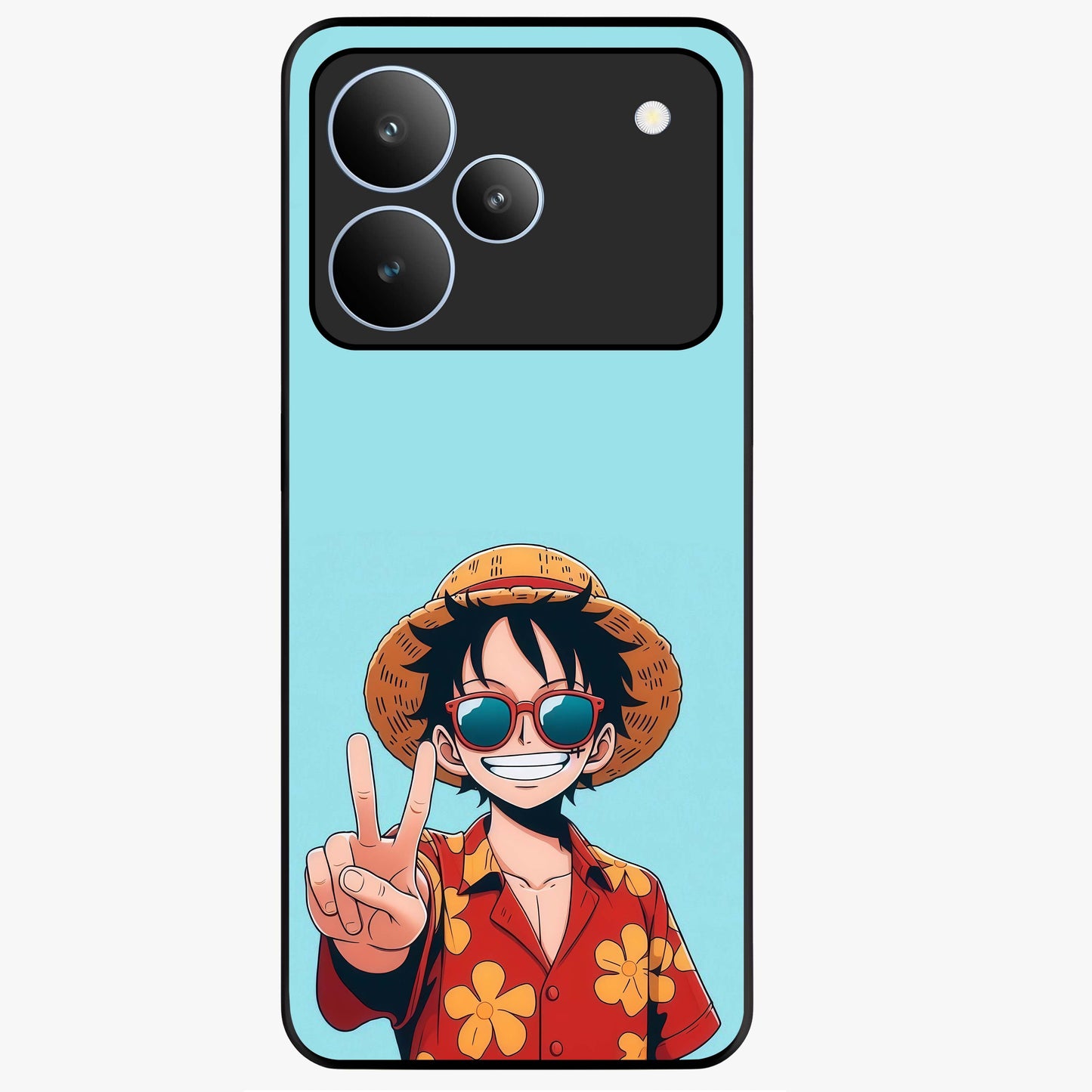 Luffy Summer Anime Vibe Glass Case showing flat back view with vibrant anime character artwork and glossy glass finish.
