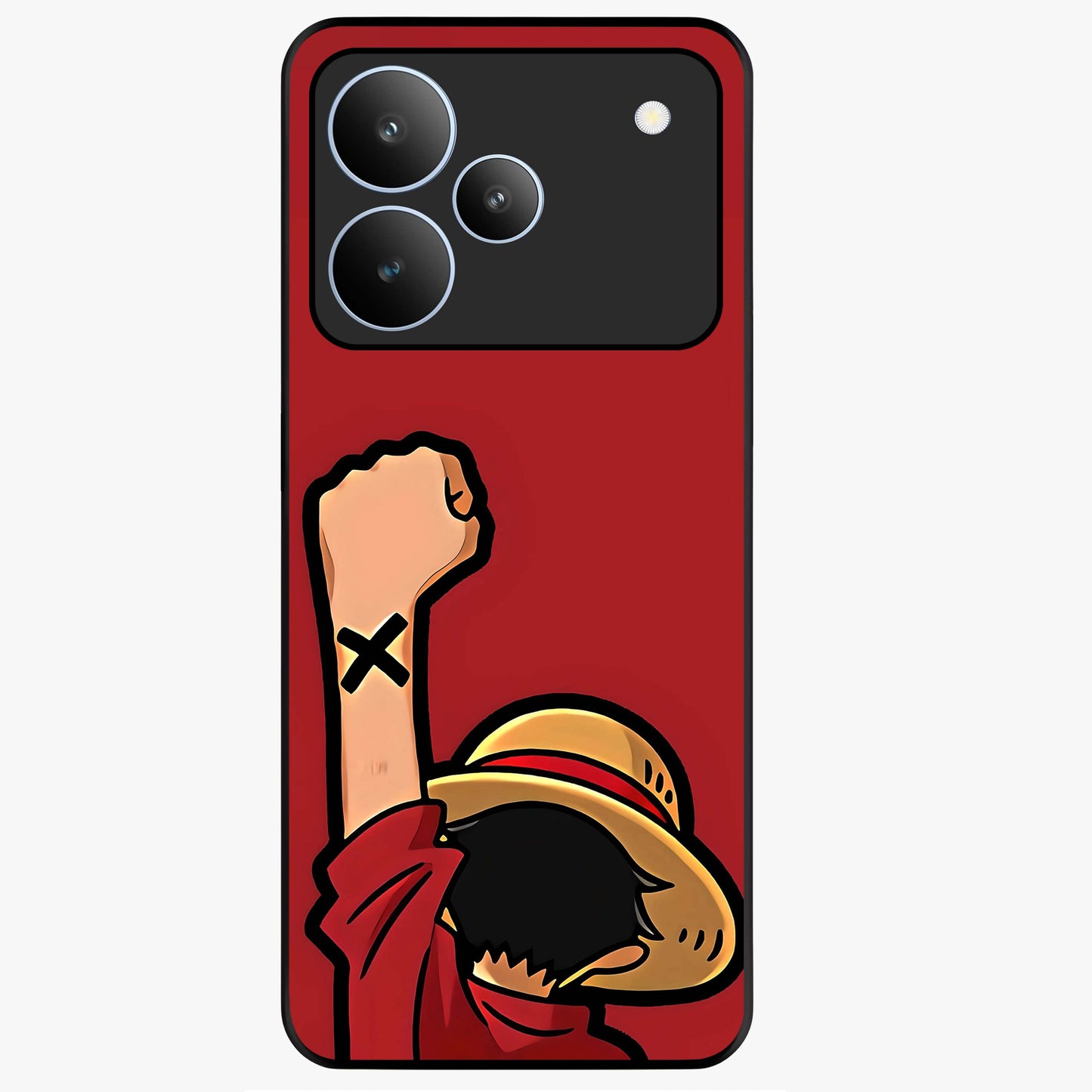 Luffy X Spirit Glass Case showing flat back view with bold anime character artwork and glossy glass finish.