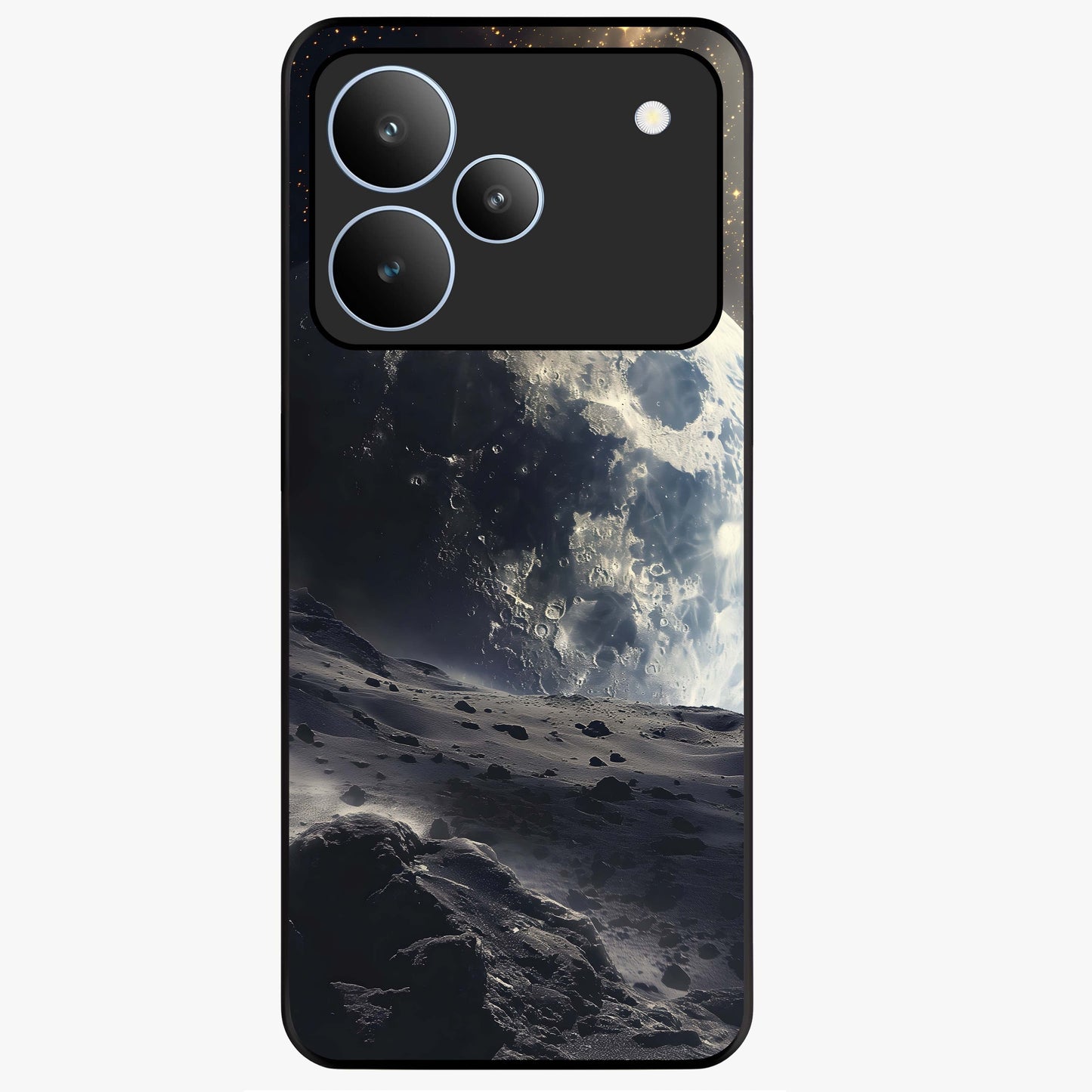 Lunar Horizon Glow Glass Case showing flat back view with glowing moon horizon artwork and glossy glass finish.