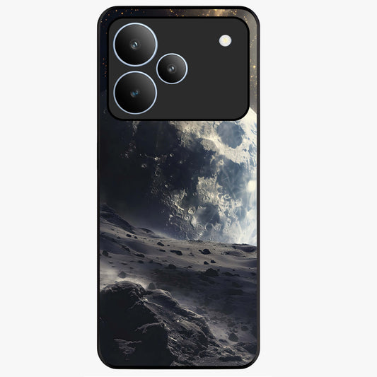 Lunar Horizon Glow Glass Case showing flat back view with glowing moon horizon artwork and glossy glass finish.