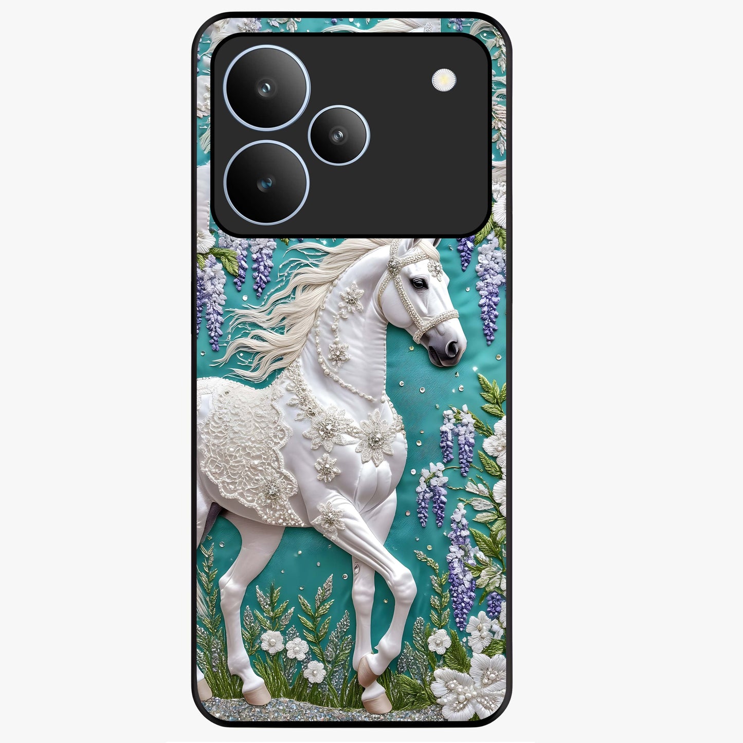 Majestic Floral Stallion Glass Case showing flat back view with powerful horse and floral artwork and glossy glass finish.
